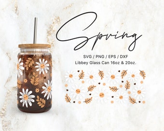 Libbey Glass 16oz | 20oz Floral Daisy Svg Seamless File for Cricut & Silhouette Cameo, Botanical Clipart Svg, Glassware Svg, Flower Svg, Png