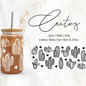 Libbey Glass 16oz / 20oz Cactus Imprimir Archivos Svg para Cricut & Silhouette Cameo, Clipart Botánico Svg, Cristalería Svg, Planta de la Casa Svg, Png