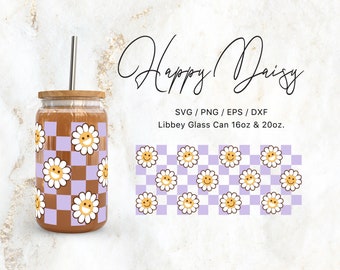 Libbey Glass 16oz | 20oz Happy Daisy Checkered Svg for Cricut & Silhouette Cameo, Hippie Daisy Svg, Vintage Svg, Floral Svg, Retro Bloom
