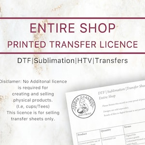 May include: A document with a license agreement for selling printed transfer sheets for DTF, sublimation, and HTV transfers. The document includes a fox logo with the text "Inxy Print" and a table with details about the product, quantity, terms, and cost.