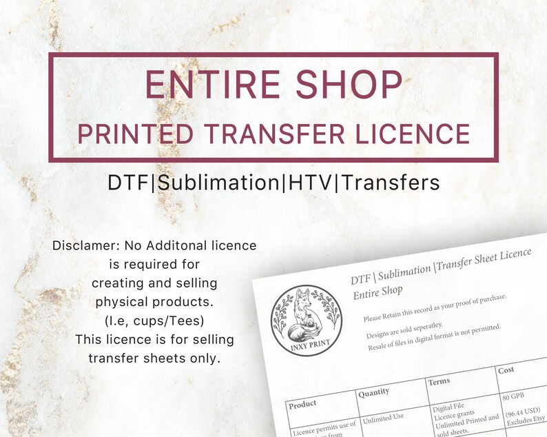 May include: A document with a license agreement for selling printed transfer sheets for DTF, sublimation, and HTV transfers. The document includes a fox logo with the text "Inxy Print" and a table with details about the product, quantity, terms, and cost.