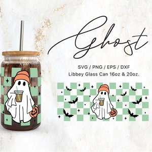 Libbey Glass Can 16oz | 20oz Checkered Ghost Svg Files for Cricut / Silhouette Cameo, Spooky Svg, Fall Svg, Autumn Svg, Halloween svg, Cute