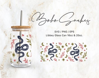 Libbey Glass 16oz | 20oz Boho Snakes Celestial Svg Files for Cricut & Silhouette Cameo, Botanical Clipart Svg, Glassware Svg, mystical Svg