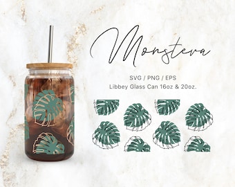 May include: A glass can with a brown liquid and a green and gold monstera leaf pattern. The can has a bamboo lid and a clear straw. The text "Monstera" is written in cursive above the can. The text "SVG / PNG / EPS" and "Libbey Glass Can 16oz & 20oz." is written below the can.