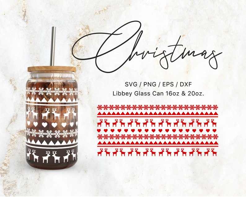 May include: A white and red Christmas-themed design featuring reindeer, snowflakes, and hearts. The design is printed on a clear glass tumbler with a wooden lid and a straw. The tumbler is 16 oz or 20 oz. The design is also available as a digital download in SVG, PNG, EPS, and DXF formats.