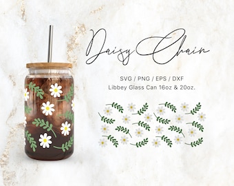 Libbey Glass 16oz | 20oz Daisy Chain Svg Files for Cricut & Silhouette Cameo, Boho Svg, Botanical Svg, Floral Svg, Flower svg, Can Wrap Png