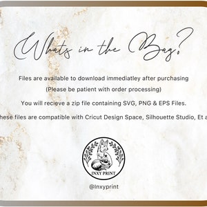 May include: A digital download graphic with the text "What's in the Bag?" in a script font. The image includes information about file types and compatibility, along with a circular logo featuring a fox and the text "INXY PRINT".