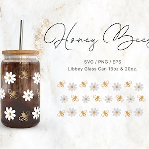 Libbey Glass 16oz | 20oz Honey Bee and Daisy Print Svg Files for Cricut & Silhouette Cameo, Summer Clipart Svg, Glassware Svg, Boho Svg, Png