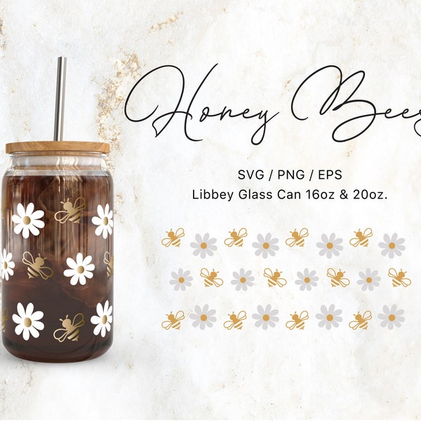 Libbey Glass 16oz | 20oz Honey Bee and Daisy Print Svg Files for Cricut & Silhouette Cameo, Summer Clipart Svg, Glassware Svg, Boho Svg, Png