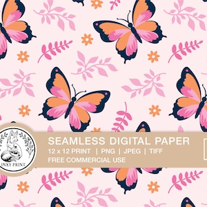 May include: A seamless digital paper pattern featuring pink and orange butterflies with navy blue accents on a light pink background. The pattern also includes pink leaves and small orange flowers.