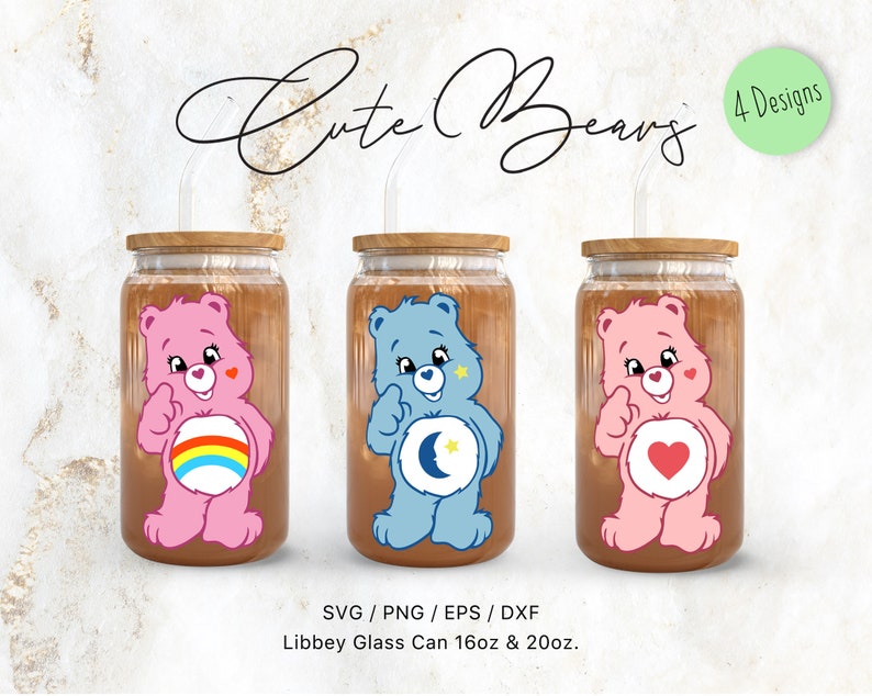 May include: Three glass beverage cans with wooden lids and straws, each featuring a different Care Bear design. The cans are labeled "Cute Bears" and are available in 16oz and 20oz sizes. The designs include a rainbow, a moon and stars, and a heart.