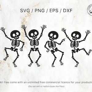 Pode incluir: Um conjunto de arquivos gráficos digitais apresentando quatro ilustrações de esqueletos pretos em várias poses de dança. O texto SVG / PNG / EPS / DXF aparece no topo, e o texto All files come with an unlimited free commercial licence for your products (Do not sell or redistribute the files) está na parte inferior.