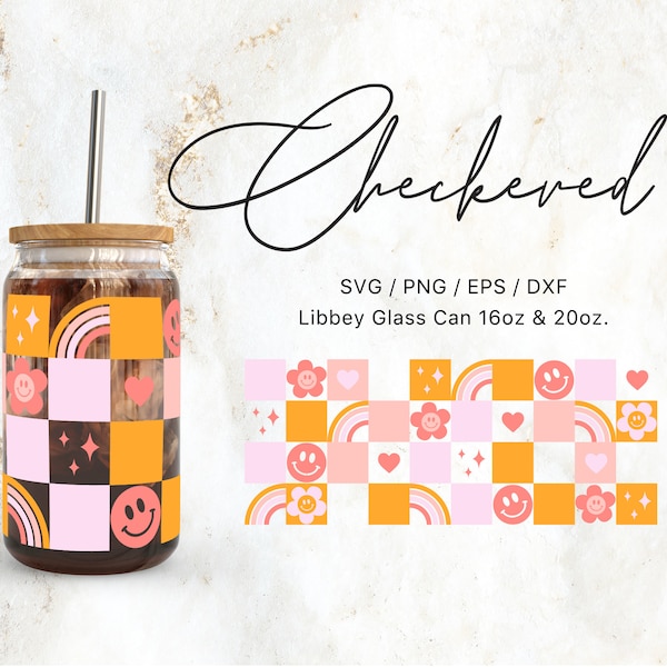 Libbey Glass 16oz | 20oz Retro Checkered Hippie Svg Files for Cricut & Silhouette Cameo, Boho Svg, Vintage Svg, Groovy Svg, Glass Can Wrap