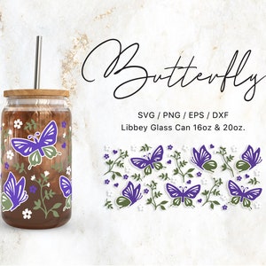 Libbey Glas Dose 16oz | 20 Unzen Schmetterling Floral SVG-Datei für Cricut & Silhouette Cameo, botanische Cliparts svg, Natur svg, zarte Blume svg