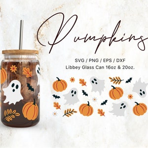 May include: A clear glass tumbler with a brown lid and a straw. The tumbler is decorated with Halloween-themed graphics, including pumpkins, ghosts, bats, and leaves. The text "Pumpkins" is written in cursive at the top of the image. The text "SVG/PNG/EPS/DXF" and "Libbey Glass Can 16oz & 20oz." is written below the image.