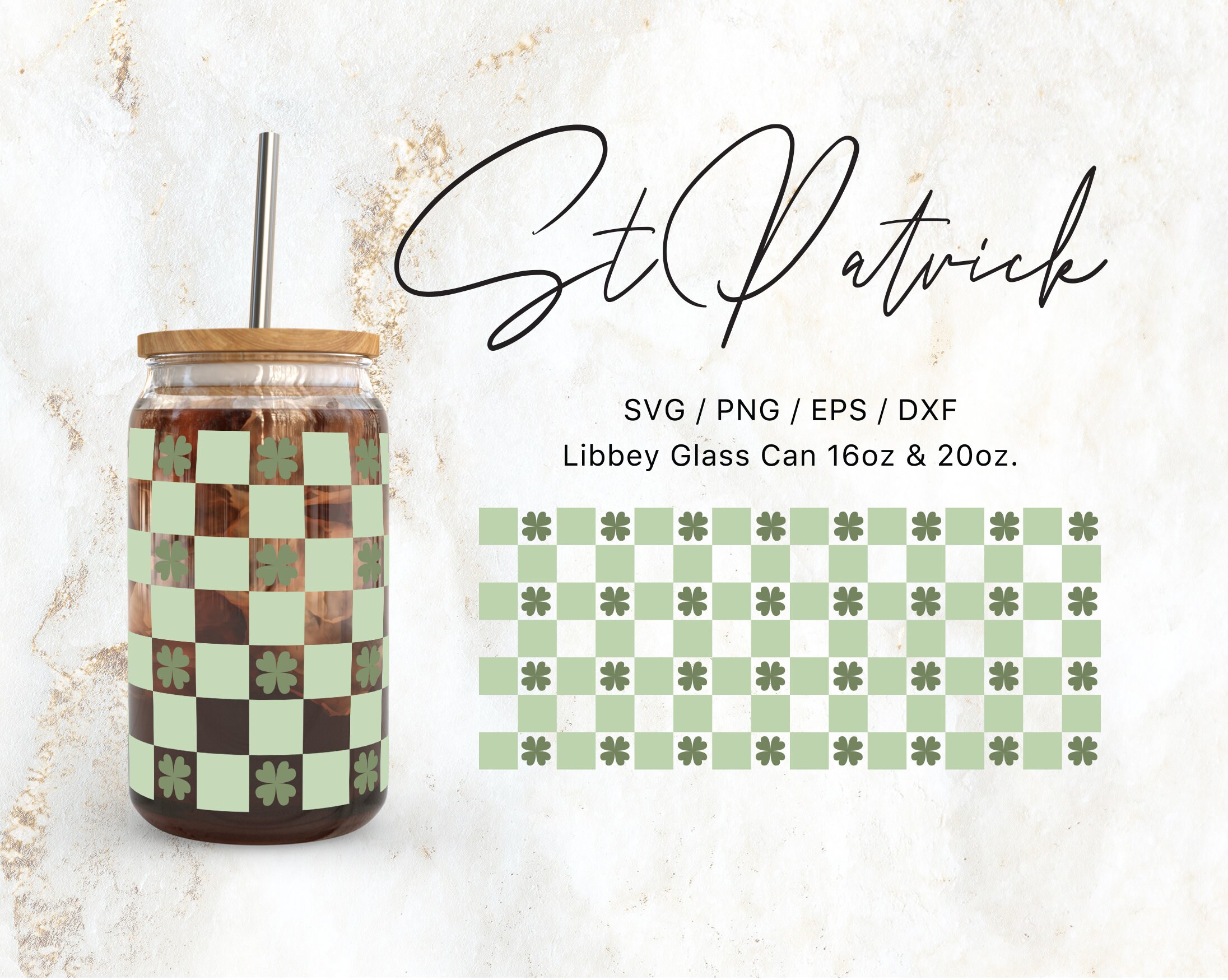 Libbey Glass 16oz | 20oz St Patrick's Day Checkered Svg Files for Cricut & Silhouette Cameo, Glassware Svg, Paddy's Day Svg, Clover Svg