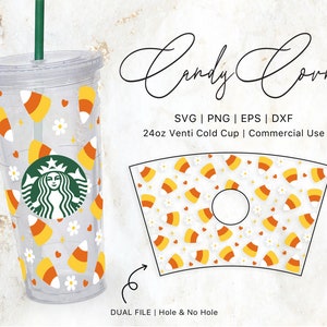 Op de afbeelding: Een doorzichtige plastic koude beker van 24 ounce met een ontwerp van candy corn, witte bloemen en rode harten. De beker is versierd met een Starbucks-logo. Het ontwerp is ook beschikbaar als een aparte sjabloon voor een koude beker van 24 ounce.