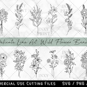 Delicate Line Art Wild Flower Bundle Svg Files for Cricut & Silhouette, Flowers Svg, Laser engraving Svg, hand drawn illustration Svg, Png