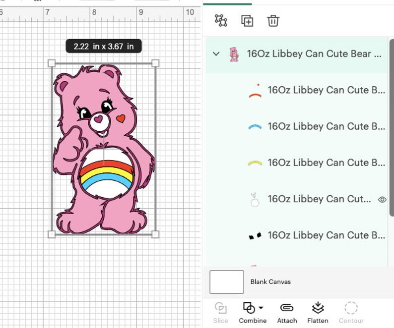 May include: A pink cartoon bear design with a rainbow belly and a heart on its cheek. The bear is 2.22 inches wide and 3.67 inches tall. The design is labeled "16Oz Libbey Can Cute Bear..." and is on a blank canvas.