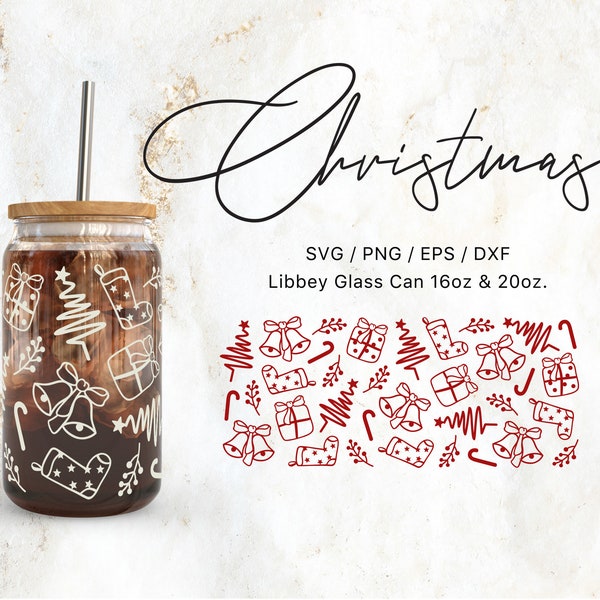 Libbey Glass Can 16oz | 20oz Christmas Doodle Svg Files for Cricut & Silhouette Cameo, Christmas Svg, Xmas Svg, Winter svg, Tree svg, Holly