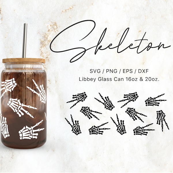 Libbey Glass Can 16oz | 20oz Peace Skeleton Svg Files for Cricut & Silhouette Cameo, Clipart, Fall Svg, Autumn Svg, Cute Halloween svg