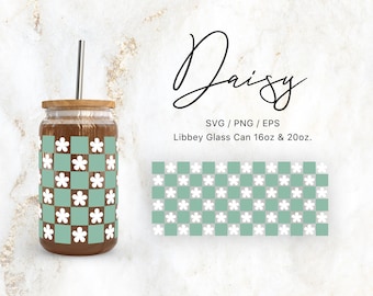 Libbey Glass 16oz | 20oz Retro Checkered Mini Daisy Svg Files for Cricut & Silhouette Cameo, Boho Svg, Vintage Svg, Floral Svg, Can Wrap