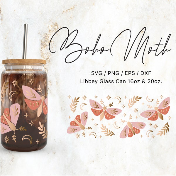 Libbey Glass 16oz | 20oz Celestial Boho Moth Svg Files for Cricut Studio & Silhouette Cameo, Mystical Svg, Magical Svg, Boho Svg, Magic Png