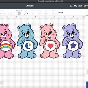 May include: Four colorful cartoon bear designs. Each bear is a different color: pink, light blue, pink, and purple. Each bear has a different design on its belly: a rainbow, a moon and star, a heart, and a star.