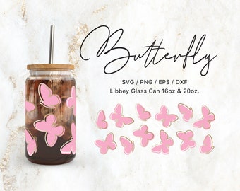 Libbey Glass 16oz | 20oz Butterfly Line Art Svg Files for Cricut & Silhouette Cameo, Glassware Svg, Butterflies Svg, Nature Svg, Cute Png