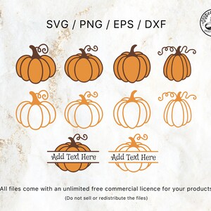 May include: Set of eight pumpkin SVG cut files. The pumpkins are in various styles, including solid orange, outline, and with the text "Add Text Here".