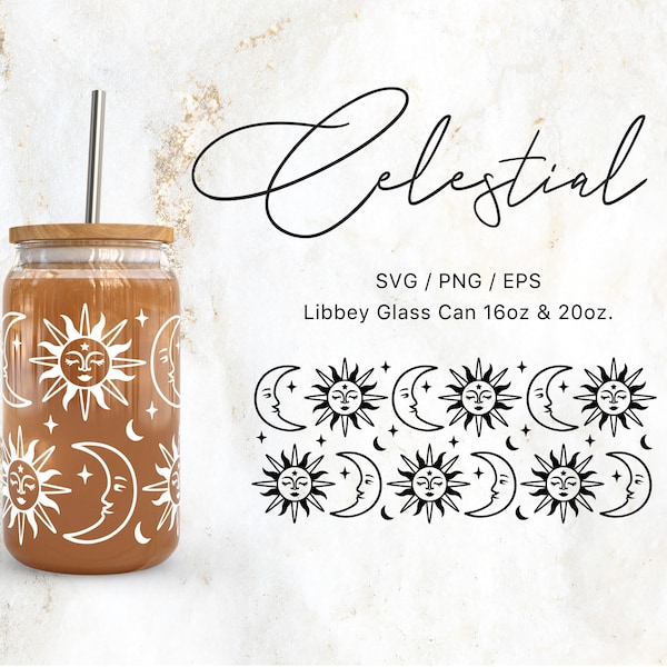 Libbey Glass 16oz | 20oz Celestial Sun and Moon Svg Files for Cricut & Silhouette Cameo, Tarot Clipart Svg, Glassware Svg, mystical Svg