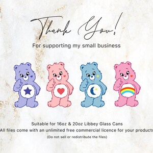 May include: Four cartoon bear illustrations in blue, pink, and light blue, each with a different belly symbol: a star, a heart, a crescent moon, and a rainbow. The text says "Thank You!" and "For supporting my small business".