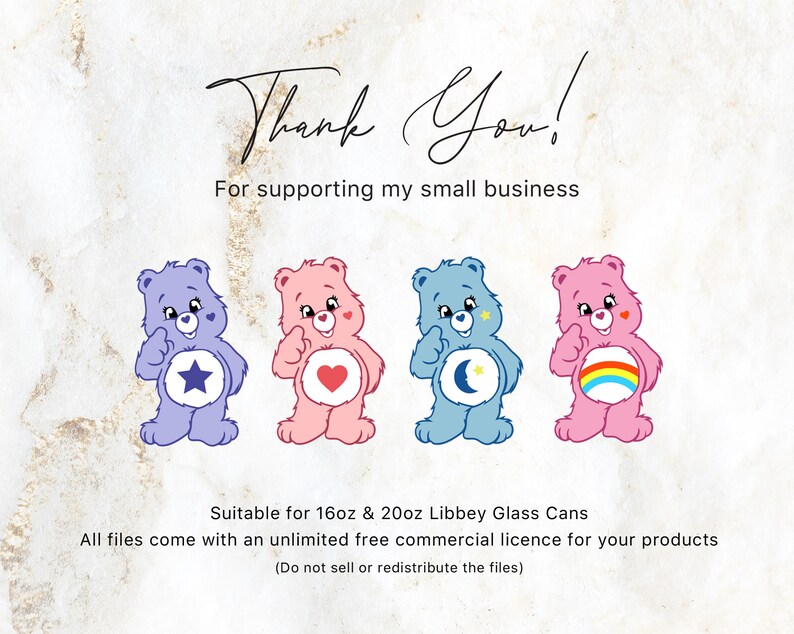 May include: Four cartoon bear illustrations in blue, pink, and light blue, each with a different belly symbol: a star, a heart, a crescent moon, and a rainbow. The text says "Thank You!" and "For supporting my small business".