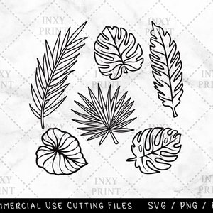 May include: A set of six black and white line art tropical leaf illustrations. The leaves are in various shapes and sizes, including palm leaves, monstera leaves, and fern leaves.