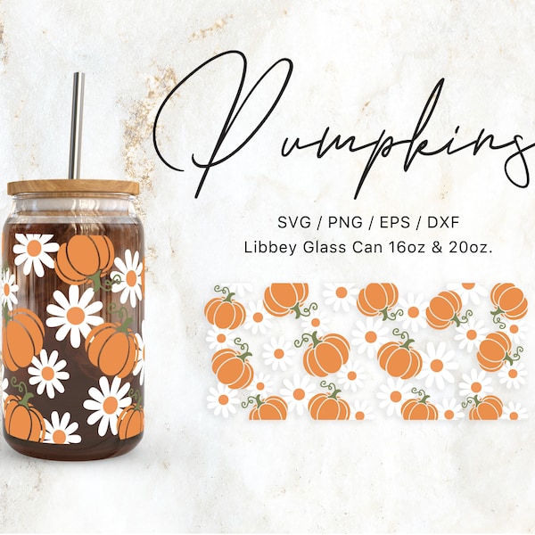 Libbey Glass Can 16oz / 20oz Daisy Pumpkins Svg Files for Cricut & Silhouette Cameo, Clipart, Fall Svg, Autumn Svg, Cute Halloween svg