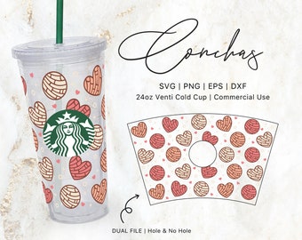 24oz Venti Cold Cup Concha Svg-bestand voor Cricut & Silhouette Cameo, Starbucks tuimelaar Svg, koffiekopje Svg, Mexicaanse Conchas svg, gat/geen gat