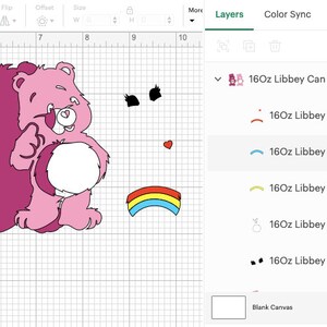 May include: A pink cartoon bear design with a heart on its belly and a rainbow. The image also includes a small red heart and two black shapes. The design is for a 16oz Libbey can.