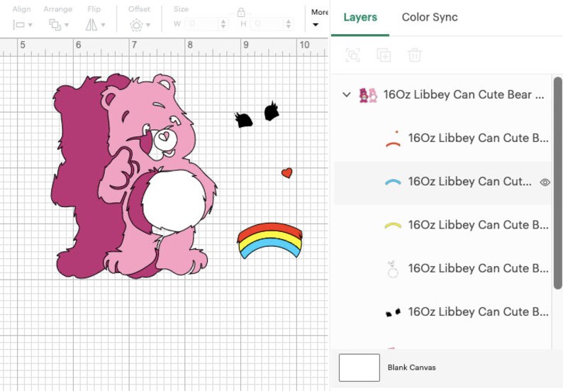May include: A pink cartoon bear design with a heart on its belly and a rainbow. The image also includes a small red heart and two black shapes. The design is for a 16oz Libbey can.