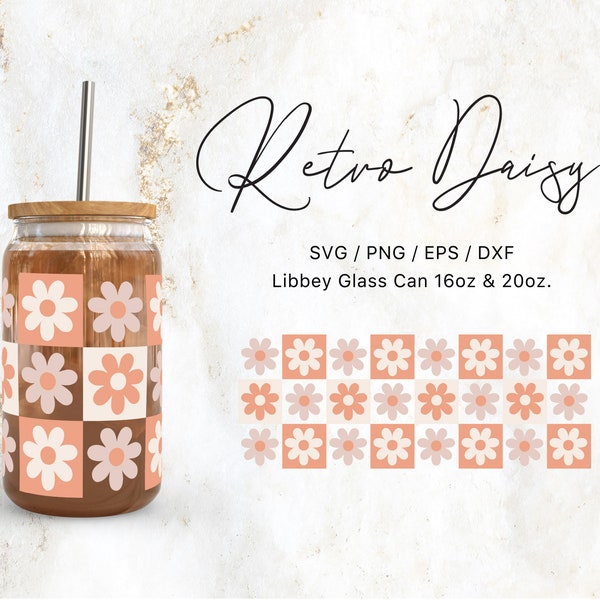 Verre Libbey 16oz | 20oz Rétro Boho Daisy Print Fichiers SVG pour Cricut & Silhouette Cameo, Boho SVG, vintage SVG, Floral SVG, Png