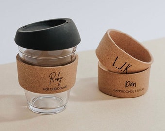 Personalised Keep Cup | Glass Coffee Cup | BPA Free | Engraved Cork Band