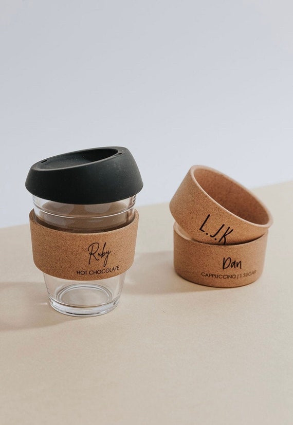 Personalised Keep Cup Glass Coffee Cup BPA Free Engraved Cork Band