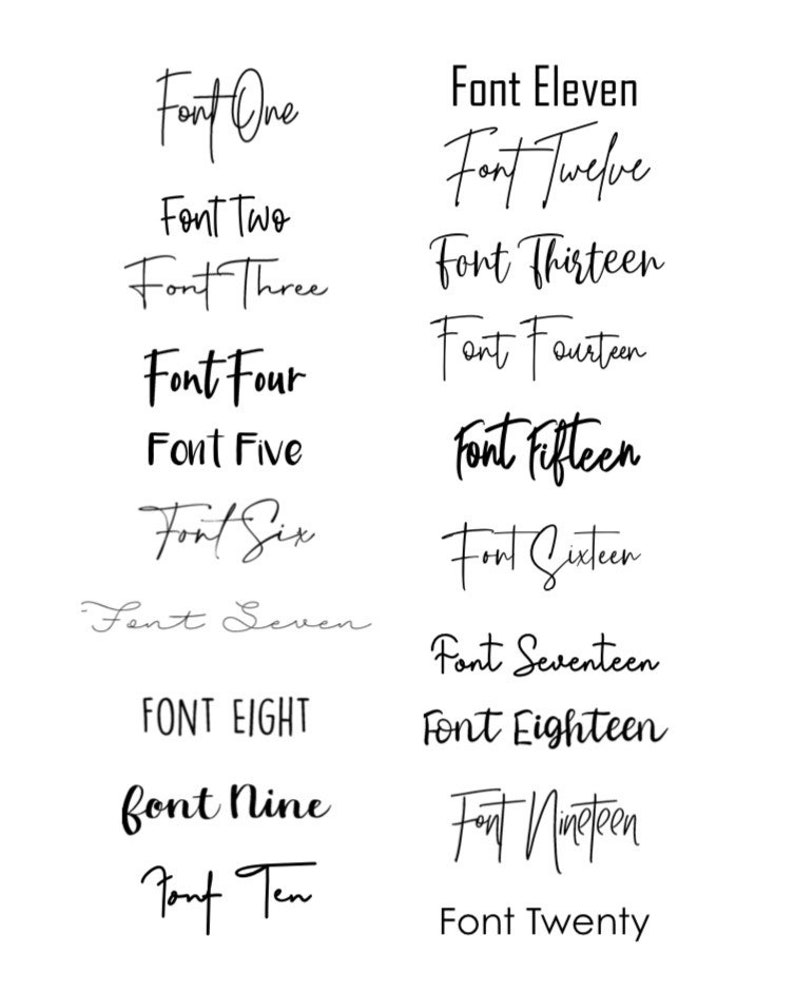 May include: A collection of 20 different fonts, numbered from one to twenty, displayed in black ink on a white background.