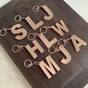 Op de afbeelding: Rosegouden letter sleutelhangers, elk met een andere letter van het alfabet. De sleutelhangers zijn bevestigd aan een zilveren sleutelhanger en sluiting. Elke letter heeft een gegraveerde naam. De letters worden weergegeven op een donkerbruin houten oppervlak.