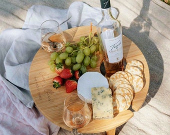 Personalised Picnic Wine Table | Bamboo | Wine and Cheese Board | 4 Wine Holders | Bottle Holder | Round | Foldable