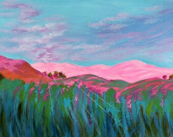 May include: A painting of a landscape with pink and blue hues. The foreground features tall, green grass with blue and purple accents. The background shows a series of pink hills with a blue sky and white clouds.