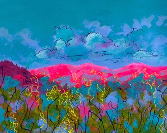 May include: Abstract painting of a landscape with a pink and purple sky, blue clouds, and a field of green, blue, and yellow brushstrokes.