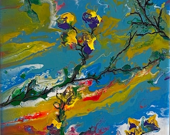 Colorful Abstract Flowers with Hand painted Branches Controlled Pour 10x20 Unframed