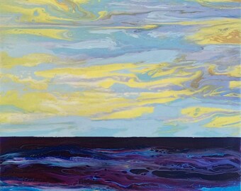 May include: Abstract acrylic painting depicting a seascape. The artwork features a dark purple horizon line separating the sky and sea. The sky is a blend of yellow, blue, and tan hues, while the sea is a mix of purple, blue, and green.