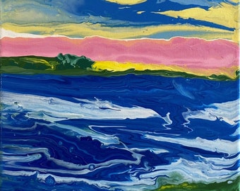 Dancing at Sunset-11X14-Canvas-Acrylic-Pouring-Controlled-Abstract-Seascape