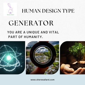 May include: A graphic with the text "HUMAN DESIGN TYPE GENERATOR" and the text "YOU ARE A UNIQUE AND VITAL PART OF HUMANITY."  The graphic also includes three images: a glowing atom, a view through a camera lens, and a hand holding a small tree.